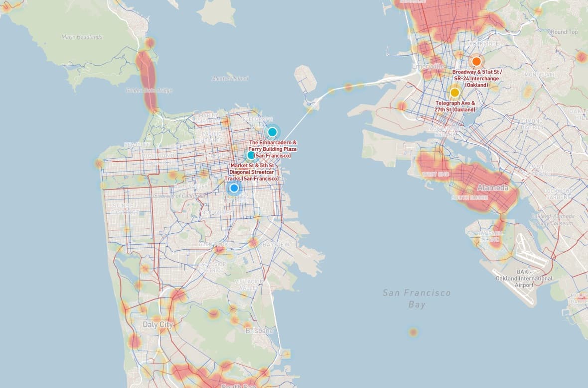 Safe Streets cycling map of San Francisco and Oakland with bike lanes and crash heatmap